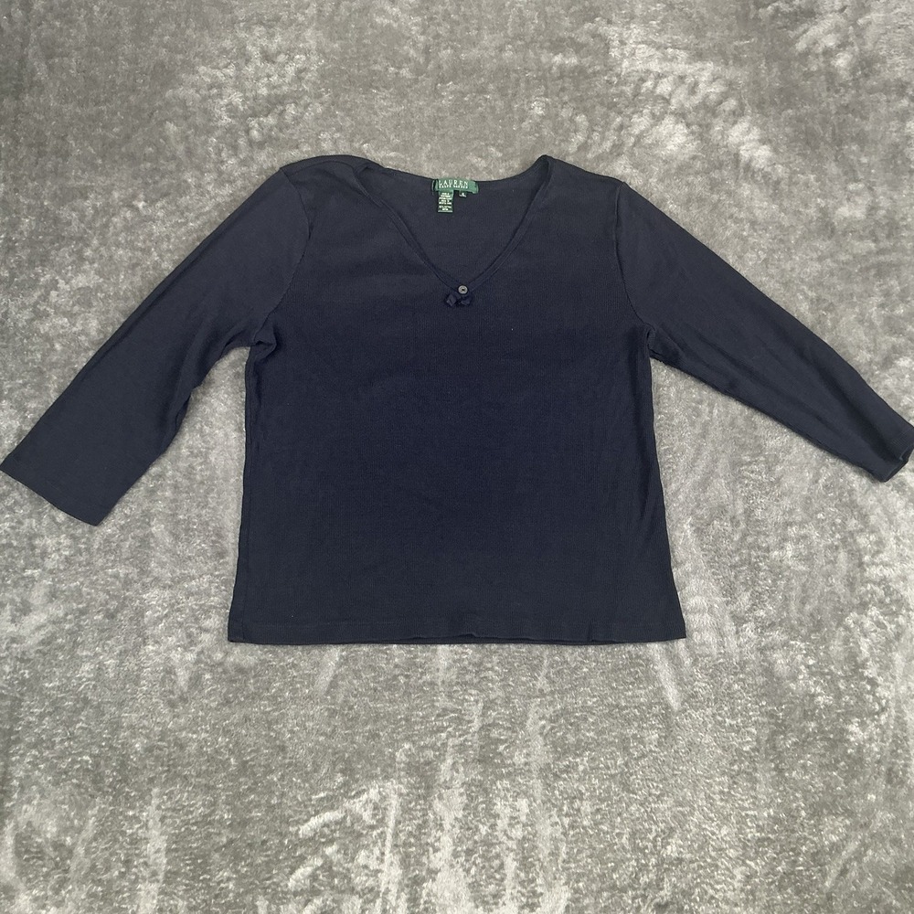 Lauren Ralph Lauren Blouse Women's Black XL V Neck w/ button at neckline